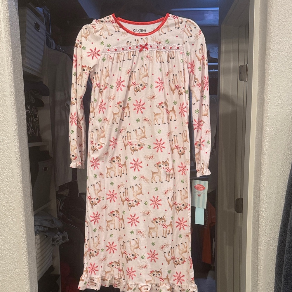 Rudolph Kids Nightgown - Festive White with Red and Green